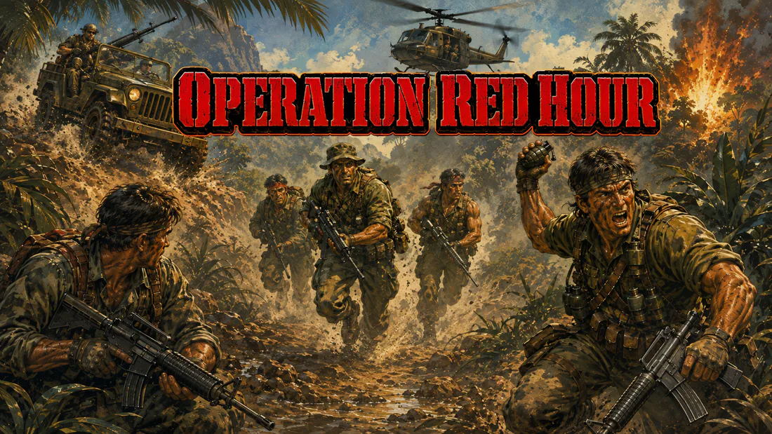 Operation Red Hour key art: a five-soldier commando squad advancing through jungle terrain under helicopter cover
