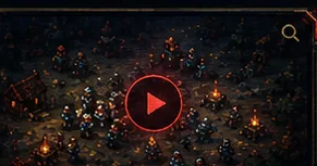 Dark pixel battle camp with red play button