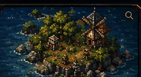 Small pixel island settlement surrounded by water