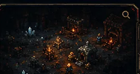 Dark underground pixel scene with warm lights